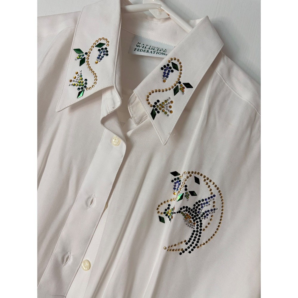 National Wildlife Federation Hummingbird Rhinestone Embellished Blouse White M